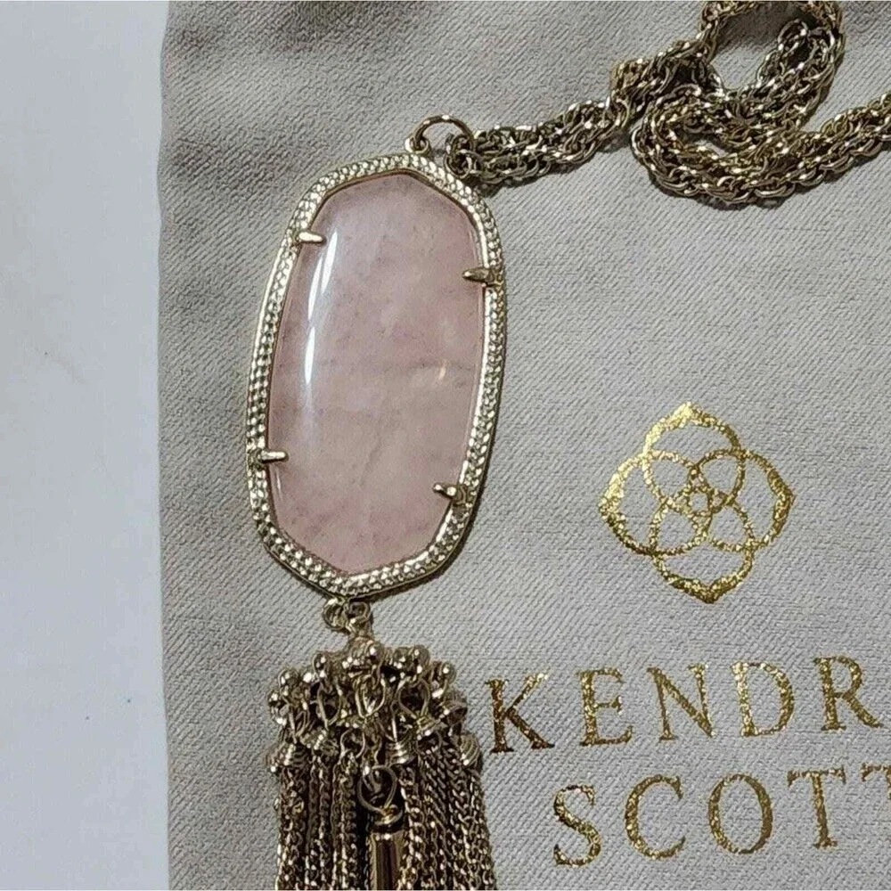 Kendra Scott Rayne Long Tassel Necklace Gold‎ Rose Quartz Pink Stone Statement